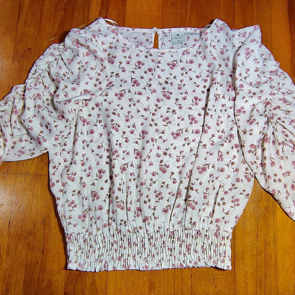 Paper Crane Womens Floral Puff Sleeve‎ Smocked Hem Top milkmaid M boho twee y2k